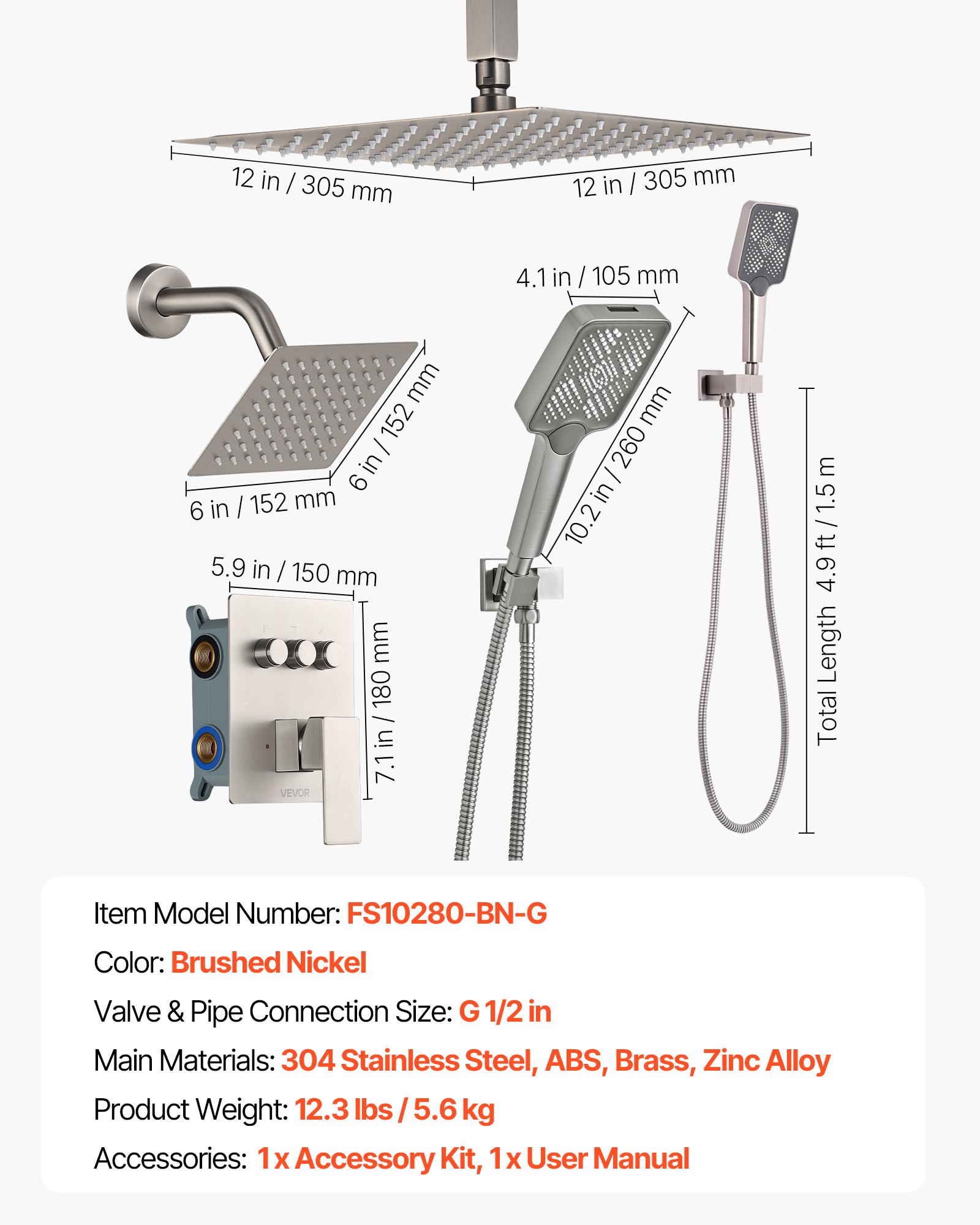 VEVOR Duschsystem-Set mit 12 Zoll Regenduschsystem / 6 Zoll Wandmontagekopf / 4 in 1 Handbrause, drehbarer Doppelregenkopf (3 Funktionen), Messingventil und Verkleidungssatz, gebürstetes Nickel