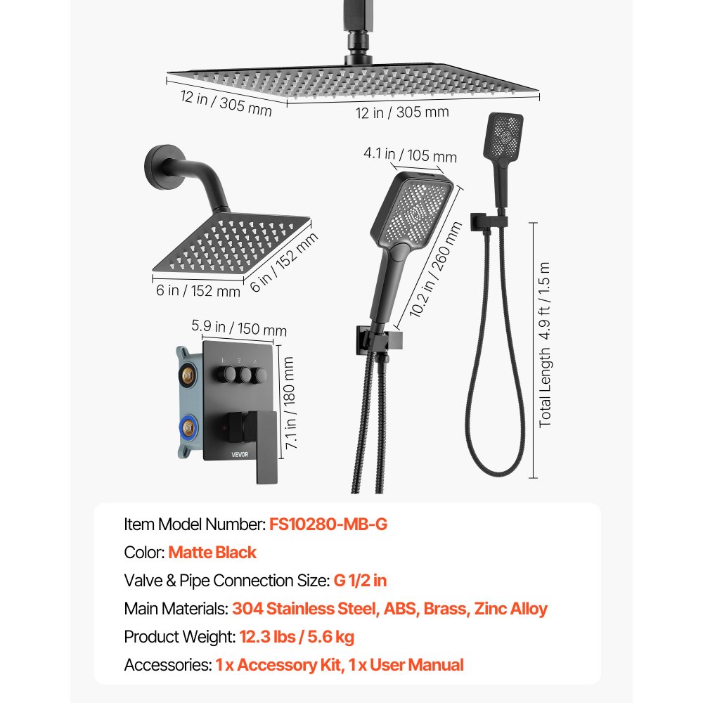 VEVOR Shower Faucet Set, 305 mm Ceiling Mount Rainfall Shower System with 152 mm Wall Mount Head and 4 in 1 Handheld Spray, Rotatable 3-Function Dual Rain Head Brass Valve and Trim Kit, Matte Black