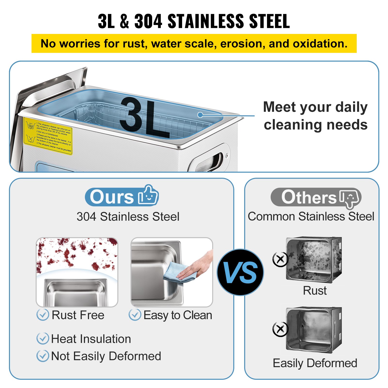 VEVOR Ultraschallreinigungsgerät 3 L, Ultraschallreiniger 26,5 x 16,3 x 22 cm, Ultraschallreinige mit 2 Wandler, 36~40 KHz Ultraschallgerät für Reinigung von Brillen Schmuck Uhren Münzen