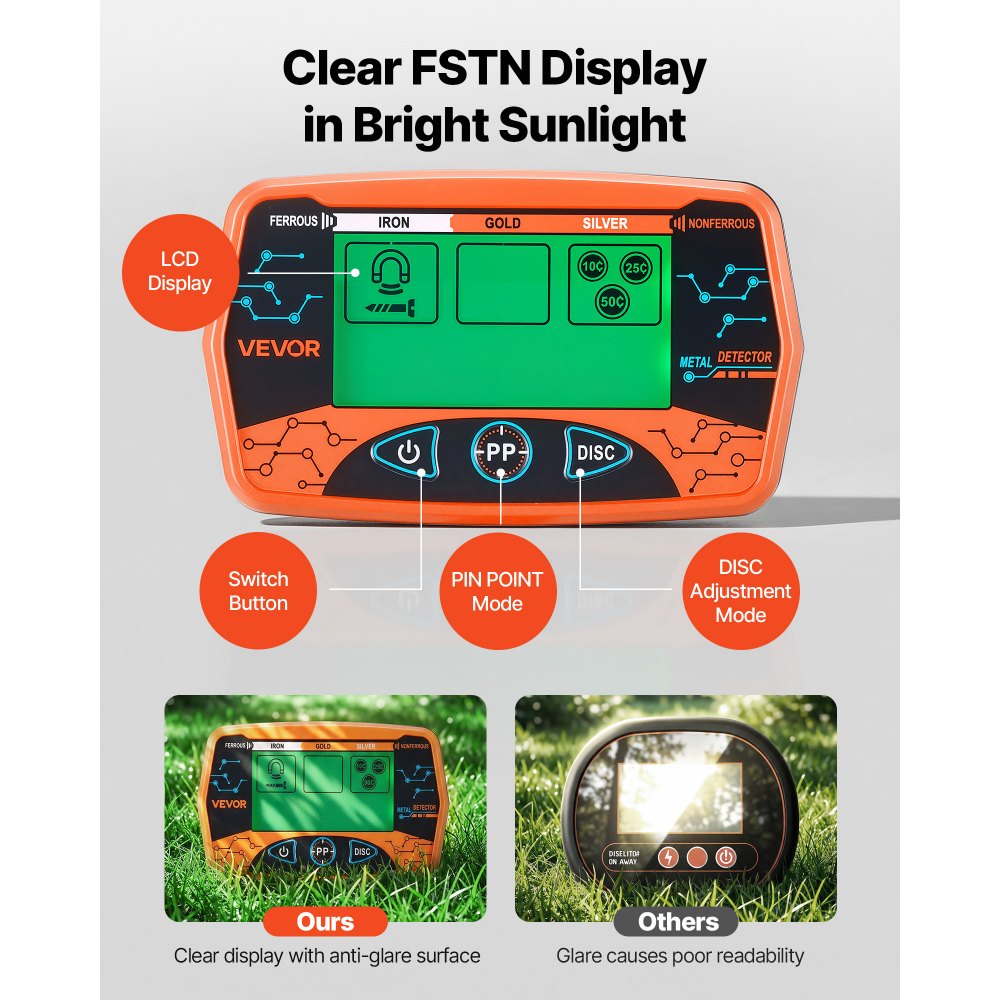 VEVOR Metalldetektor für Erwachsene 203,2 mm, Profi Metallsuchgerät mit 3 Modi, Hochpräziser Golddetektor, IP68 Wasserdichte Suchspule mit Display, Kopfhörer, Verstellbare Länge, zur Goldsuche