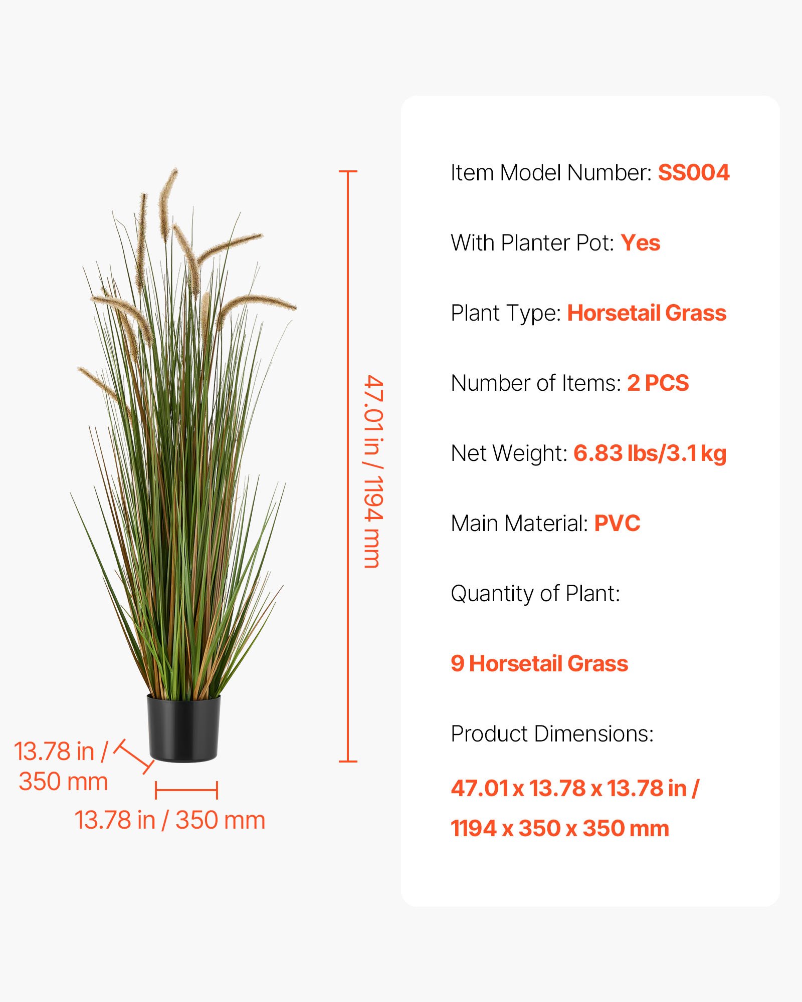 VEVOR Kunstrasenpflanze, 2er-Pack 1194 mm Schachtelhalm-Schilfgras im Topf, PVC-Kunstpflanze, künstliche Grünpflanzen, Sträucher für Haus, Garten, Büro, Zimmerdekoration, Einweihungsparty, Grün