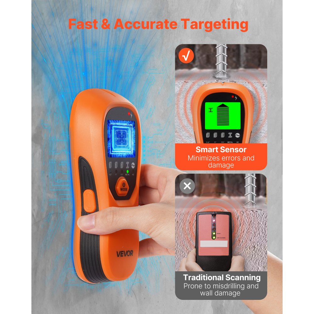 VEVOR Balkenfinder, Wandscanner, 5-in-1, elektronischer Multidetektor mit intelligentem Sensor, hochauflösendem LCD-Display & Audioalarm, für Metall, Wechselstromkabeln, Balken, Rohren, Orange