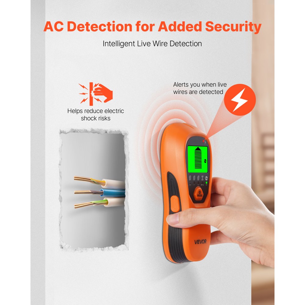VEVOR Balkenfinder, Wandscanner, 5-in-1, elektronischer Multidetektor mit intelligentem Sensor, hochauflösendem LCD-Display & Audioalarm, für Metall, Wechselstromkabeln, Balken, Rohren, Orange