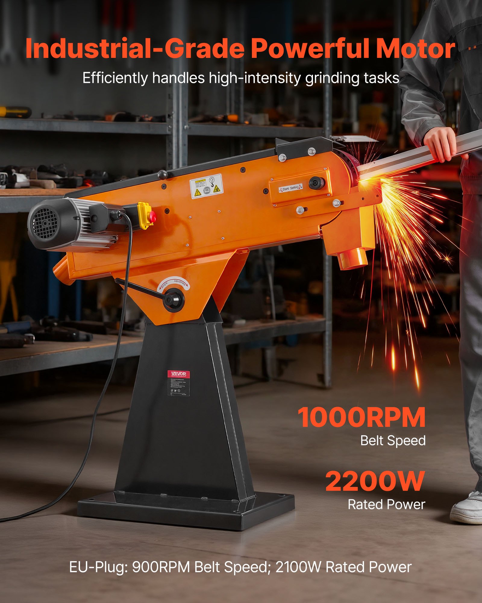 VEVOR Bandschleifer 7,62x200,7 cm, 2100 W, 900 U/min, Industriequalität, mit 0° - 45° einstellbarem Winkel & Staubabsauganschluss für die professionelle Holz- & Metallbearbeitung