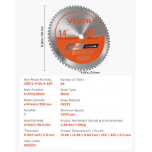 VEVOR Kreissägeblatt (355 mm φ & 66 scharfe Zähne & 2,4 mm Dicke) ideal für Metallschneiden, kompatibel mit Kreissäge, Sägeblatt aus legiertem Stahl mit geräuschreduzierenden Wärmeabzügen