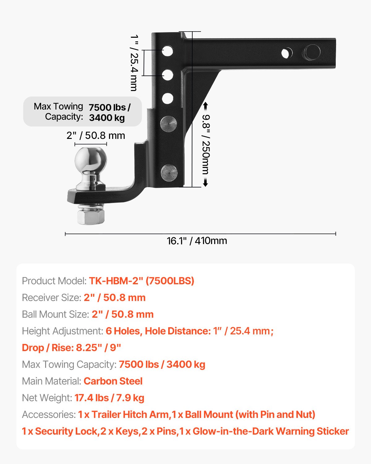 VEVOR towbar, compatible with 50.8 mm receivers, towbar ball mount with ball and pin, ball coupling with 3400 kg load capacity, for heavy-duty trucks with carbon steel, black