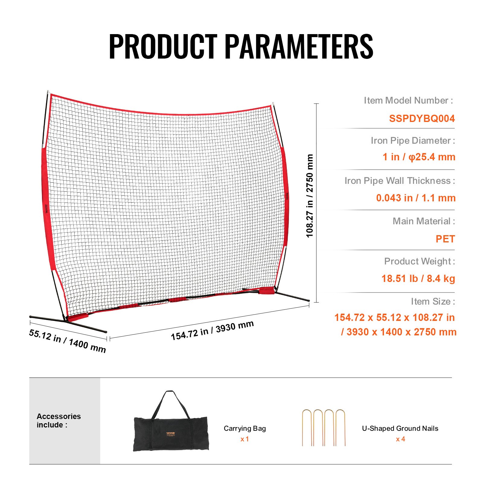 VEVOR Barrikaden-Backstop-Netz, 393 x 140 x 275 cm Ballsport-Absperrnetz, Tragbare Übungsausrüstung mit Tragetasche, Schutzschirm für Baseball-, Softball-, Lacrosse-, Fußball- und Hockeytraining