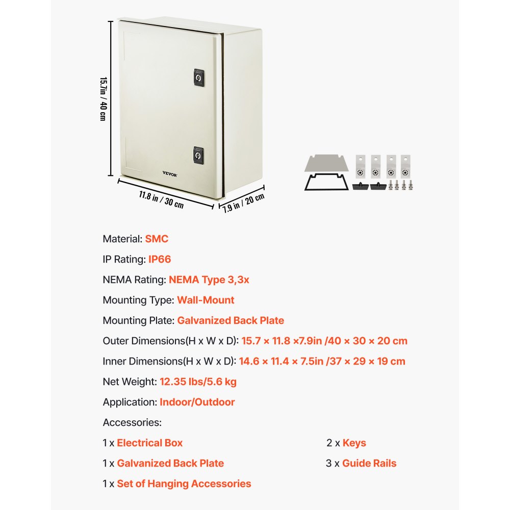 VEVOR Schaltkasten NEMA Fiberglasgehäuse, 40 x 30 x 20 cm NEMA 3X Glasfaser-Verteilerschrank, IP66 wasserdicht und staubdicht, elektrischer Anschlusskasten für den Außen-/Innenbereich, mit Montageplatte