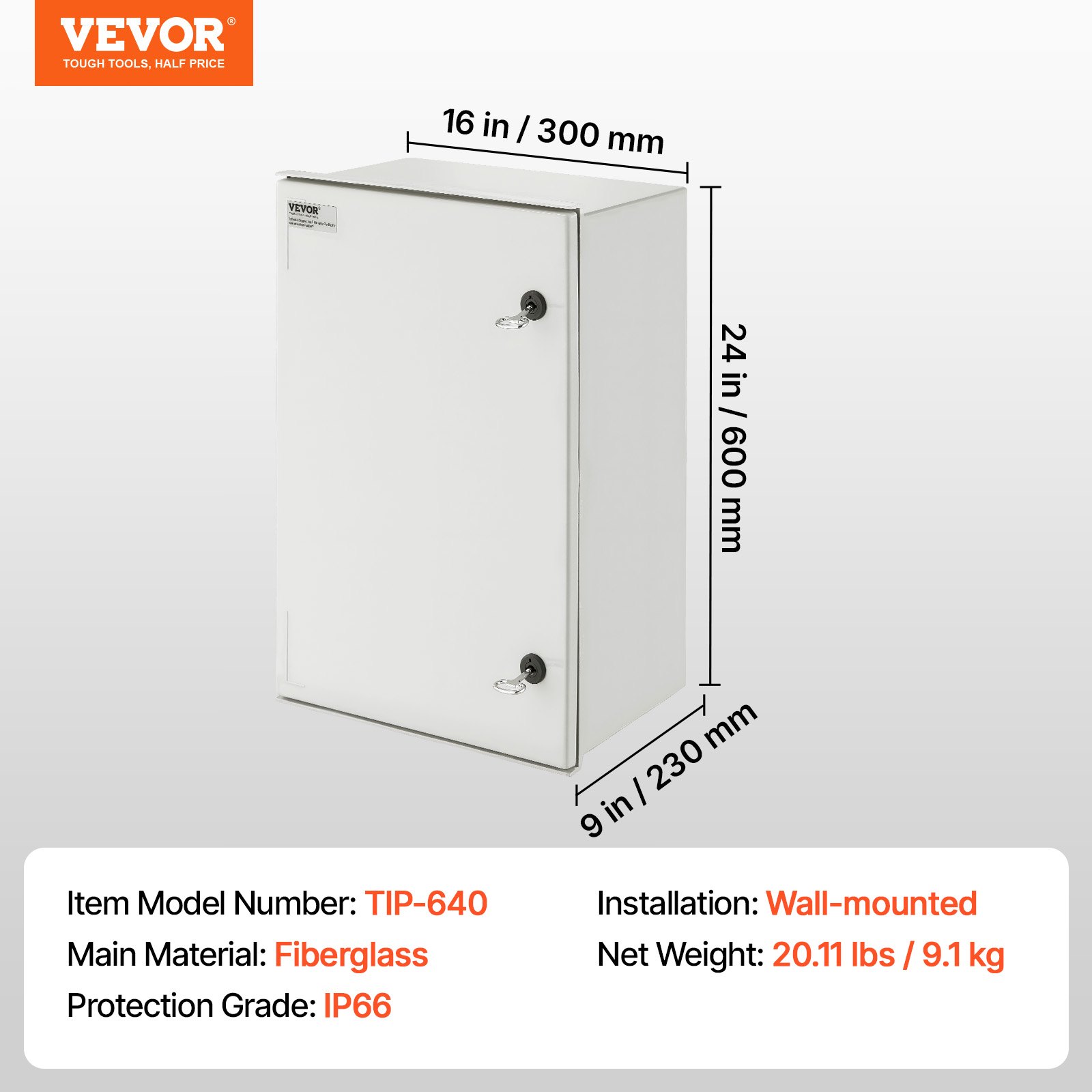 VEVOR Schaltschrank NEMA Stahlgehäuse, 600x400x230 mm, NEMA 4X Glasfaser-Elektrobox, IP66 wasser- & staubdicht, Elektroanschlussdose für den Innen- & Außenbereich, mit Montageplatte