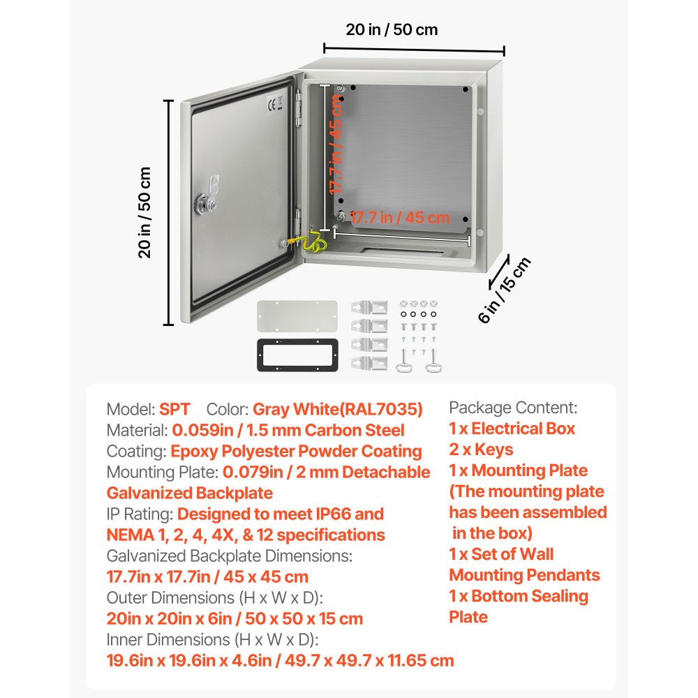 VEVOR Schaltschrank NEMA-Industriegehäuse, 50 x 50 x 15 cm NEMA 4X-Stahl-Verteilerschrank, IP66 wasser- und staubdicht, elektrischer Anschlusskasten für den Außen-/Innenbereich, mit Montageplatte