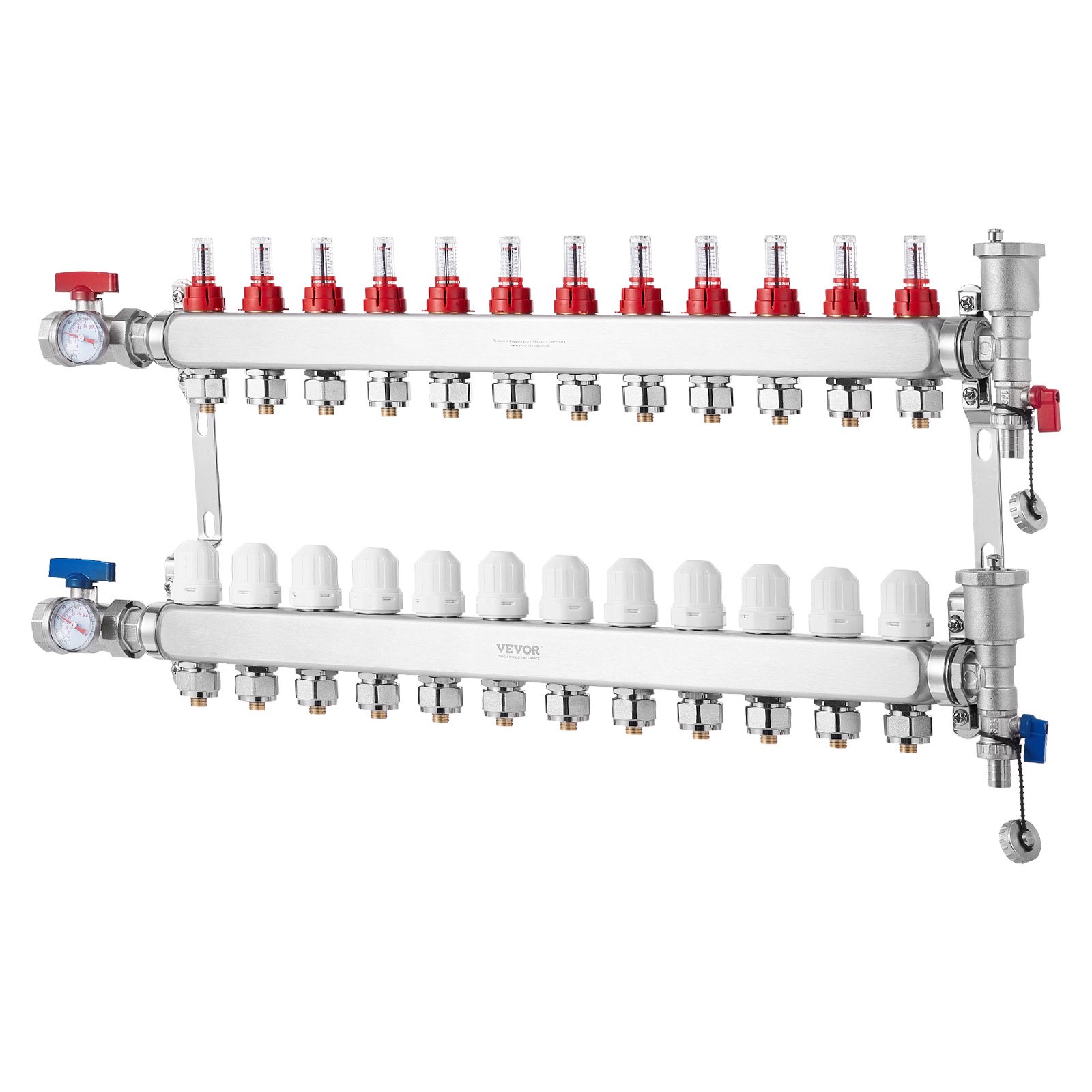 VEVOR 12-branch heat distribution manifold, 1/2-inch PEX pipe manifold, stainless steel PEX manifold for hydronic underfloor heating, heat distribution PEX manifold set with 1/2-inch adapters included