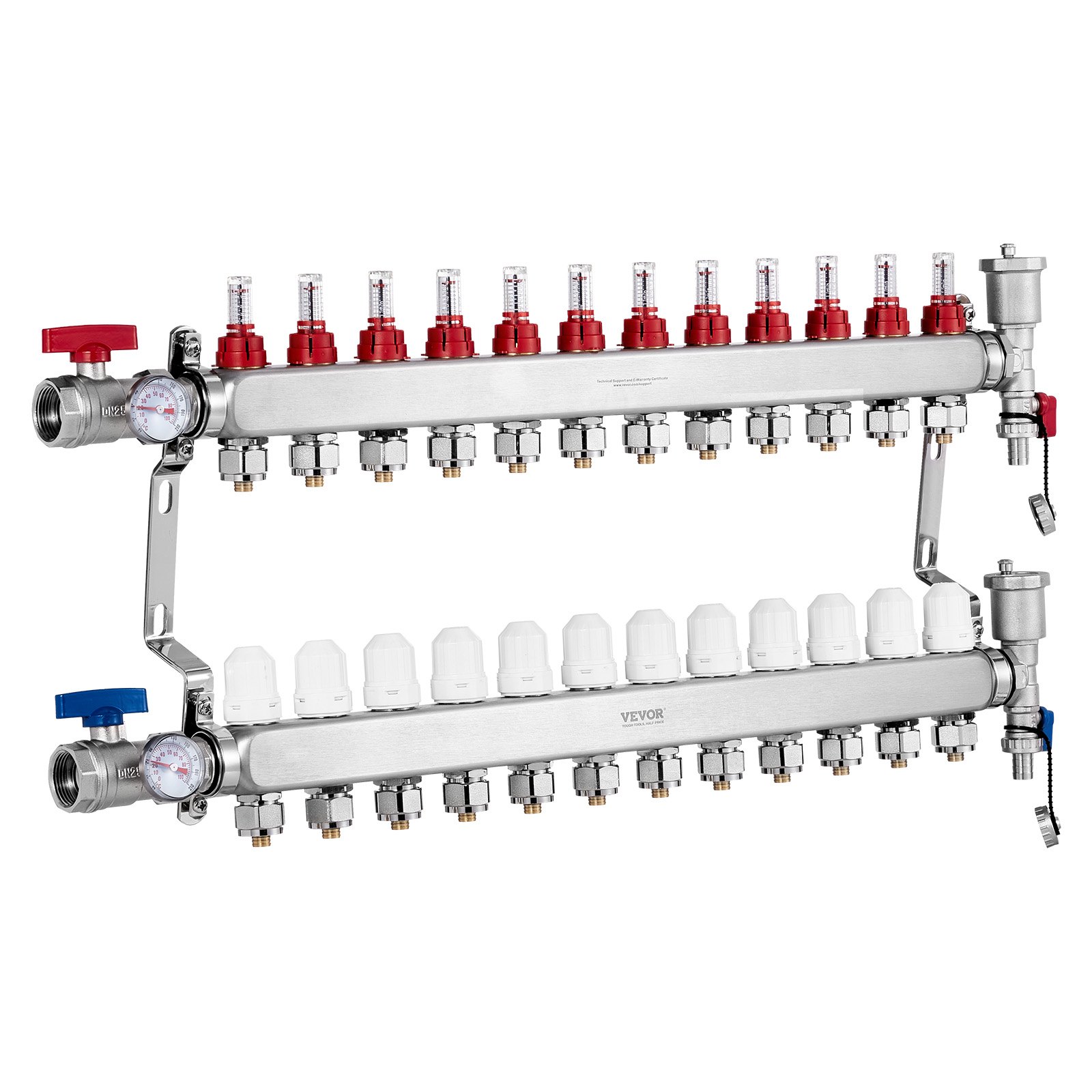 VEVOR 12-Abzweig-Wärmeverteilungsverteiler, 1/2-Zoll-PEX-Rohrverteiler, Edelstahl-PEX-Verteiler für hydronische Fußbodenheizung, Wärmeverteilungs-PEX-Verteilersatz mit 1/2-Zoll-Adaptern im Lieferumfang enthalten
