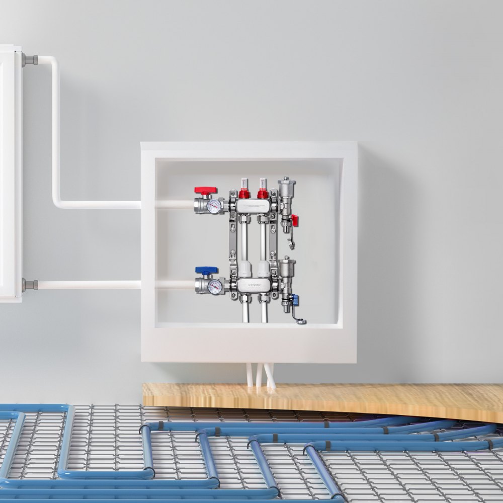 VEVOR 2-Abzweig-Wärmeverteilungsverteiler, 1/2-Zoll-PEX-Rohrverteiler, Edelstahl-PEX-Verteiler für hydronische Fußbodenheizung, Wärmeverteilungs-PEX-Verteilersatz mit 1/2-Zoll-Adaptern im Lieferumfang enthalten