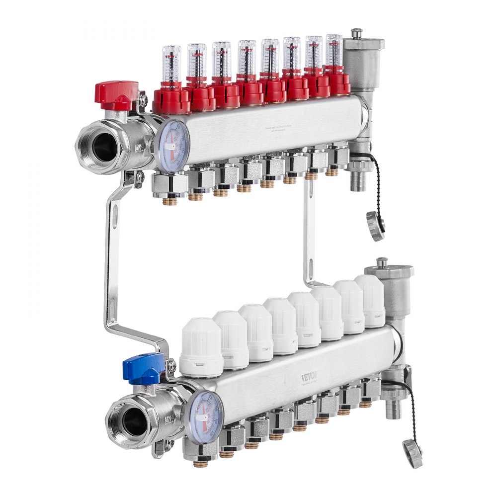 VEVOR 8-Zweig-Wärmeverteilungsverteiler, 1/2-Zoll-PEX-Rohrverteiler, Edelstahl-PEX-Verteiler für hydronische Fußbodenheizung, Wärmeverteilungs-PEX-Verteilersatz mit 1/2-Zoll-Adaptern im Lieferumfang enthalten