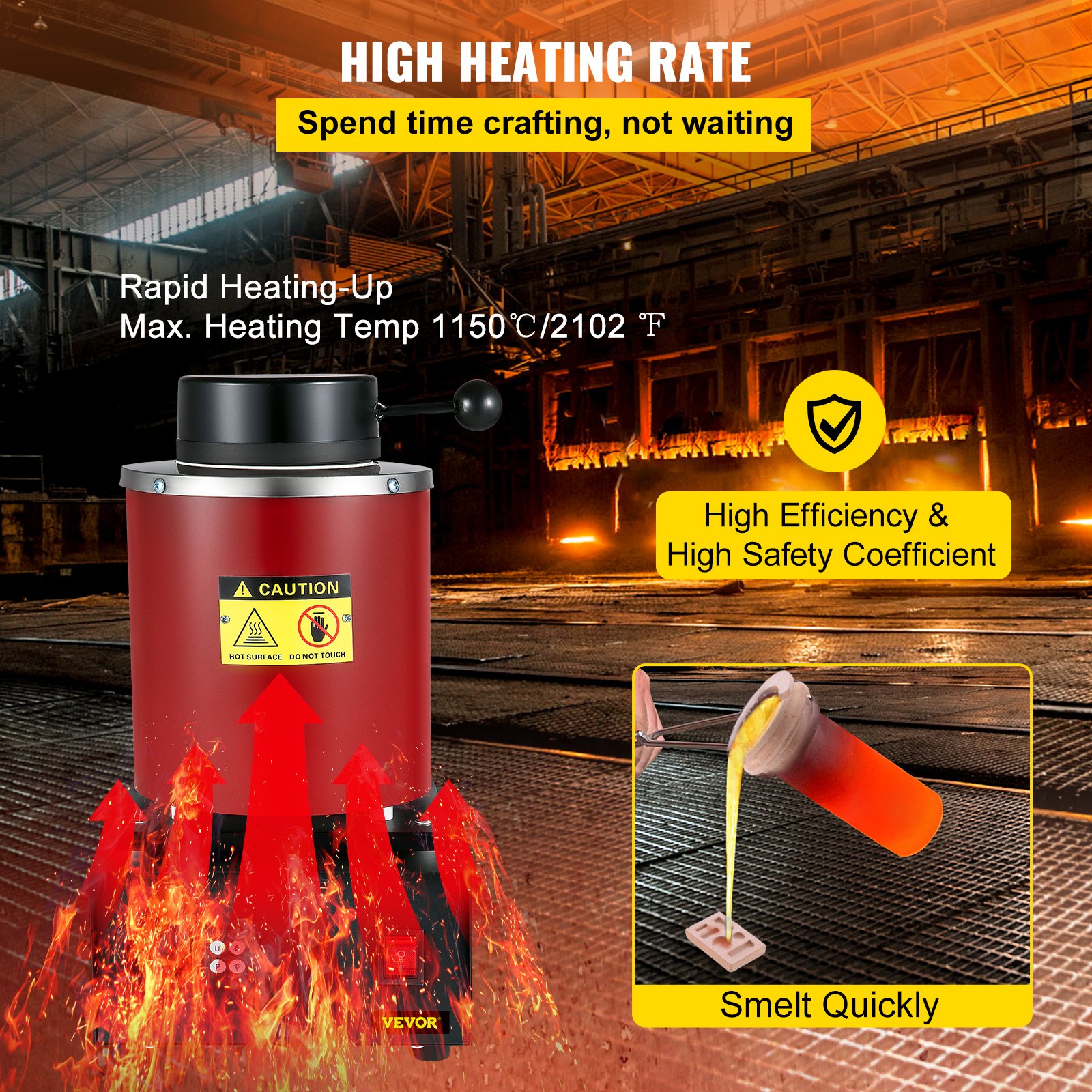 VEVOR Goldschmelzofen 1350 W 1150 ℃ Max. Temperatur, digitaler elektrischer Schmelzofen 3 kg Keramiktiegel mit Barrenmatrize & Handschuhen, zur Verarbeitung von Gold Silber Kupfer Aluminium rot