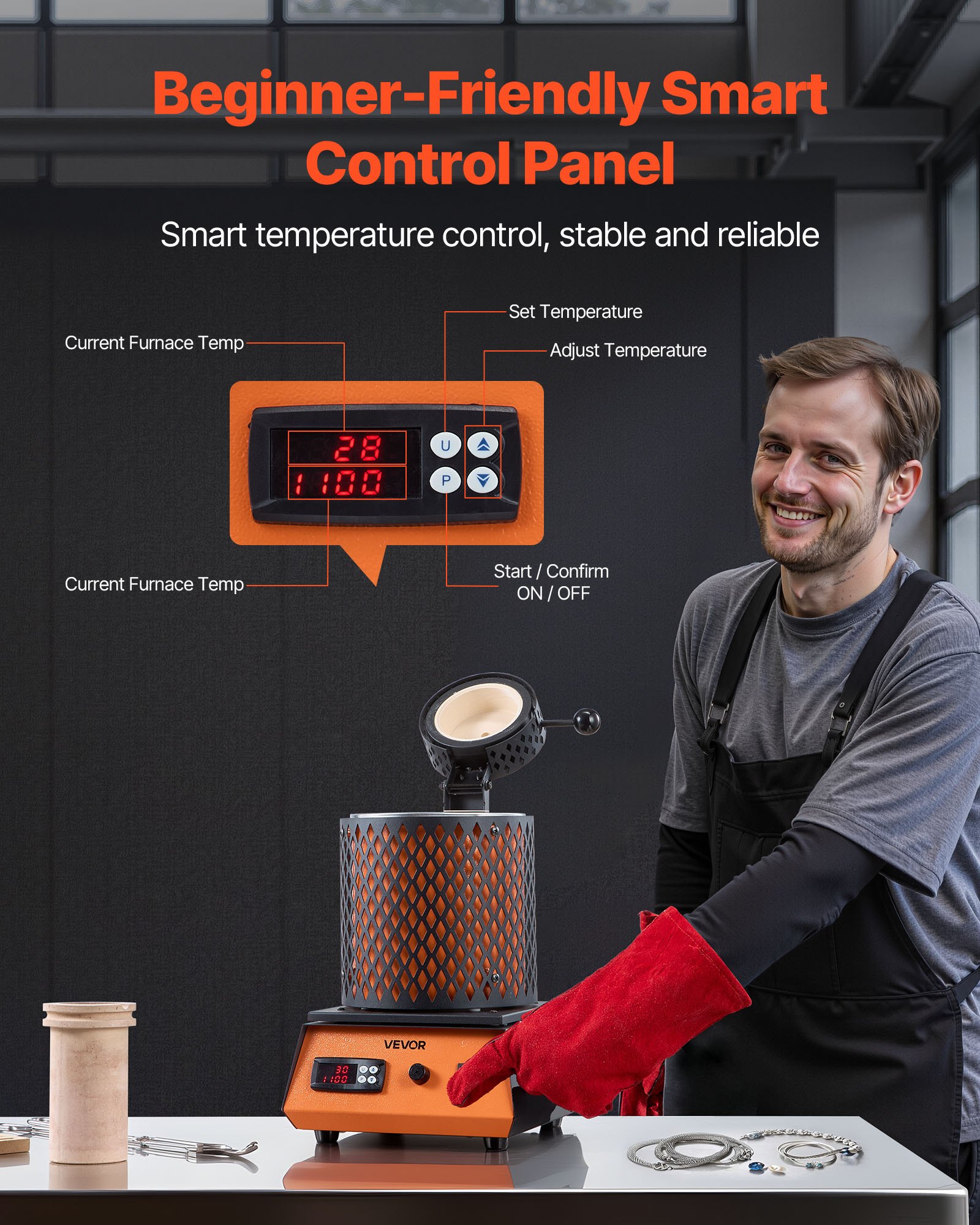 VEVOR digitaler Goldschmelzofen Maschine mit 5 kg Keramiktiegel, elektrischer Schmelzofen 1500 W max. 1150 ℃, Metallschmelzofen Set für Schmuckherstellung Metallbarren Metallkomponenten Schwarz