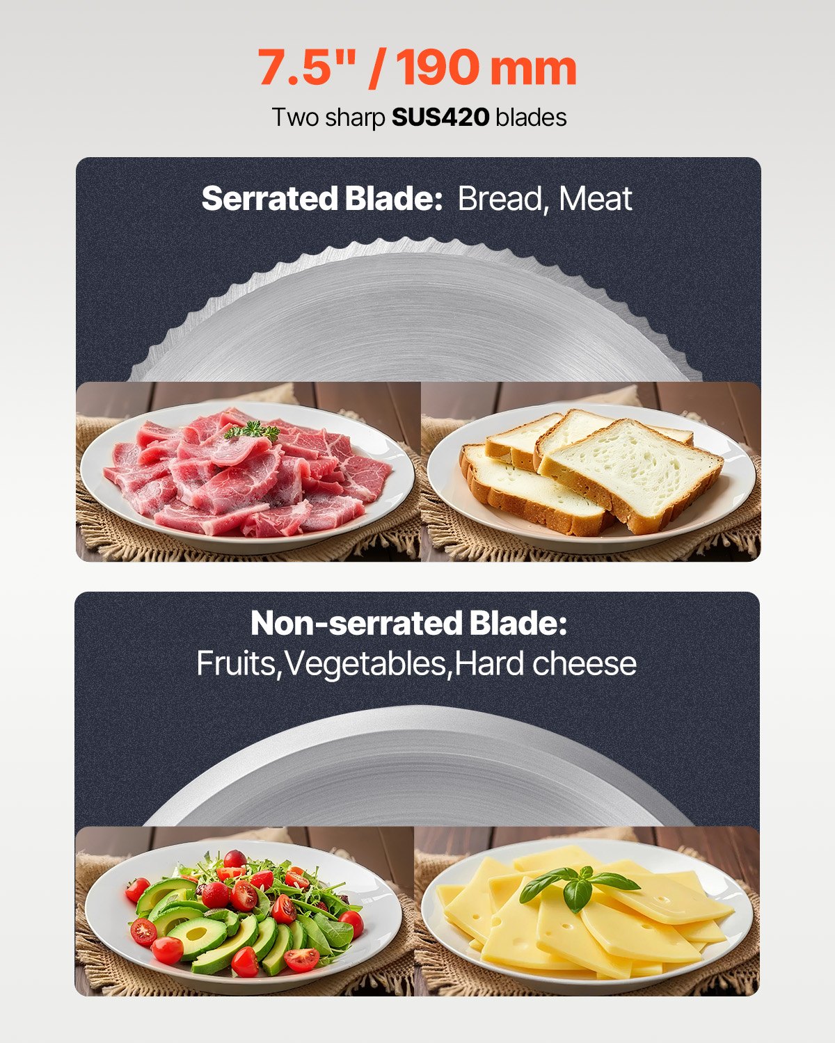 VEVO kommerzieller Fleischschneider, 180 W Gefrierfleischschneider mit 2 hochwertigen Edelstahlklingen, 0-15 mm einstellbare Dicke, elektrische Feinkost-Schneidemaschine für Fleisch, Gemüse, Brot