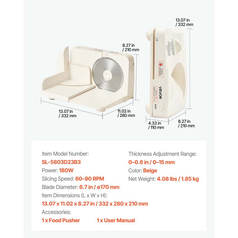 VEVOR Allesschneider Fleischschneider 180 W elektrische Aufschnittmaschine mit 17 cm Klinge, Fleischschneidemaschine mit 0–15 mm einstellbarer Dicke, für gefrorenes Fleisch Schinken Prime Steak