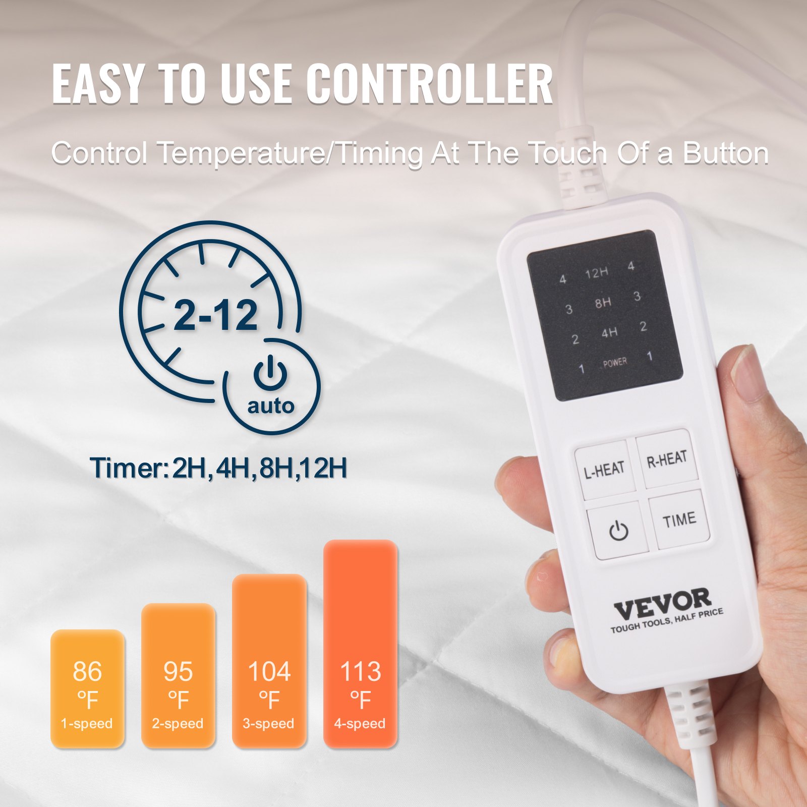 VEVOR Electric Heated Blanket, 195 x 165 cm, Queen-Size Bed Warmer, with 4 Heat Settings, 12-Hour Timer, 8-Hour Automatic Shut-Off, Elastic Pockets All Around, Mattress Protectors Made of Brushed Fabric