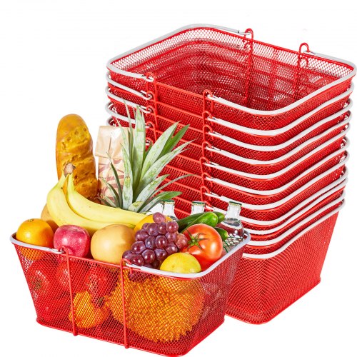 VEVOR Einkaufskorb, 12 Stk., 22 L, stapelbarer Metallkorb mit Griffen, Tragekorb, belastbar bis zu 20 kg, Universalkorb für Lebensmittel, Einzelhandel, Geschäfte, Supermärkte, Buchhandlungen, rot