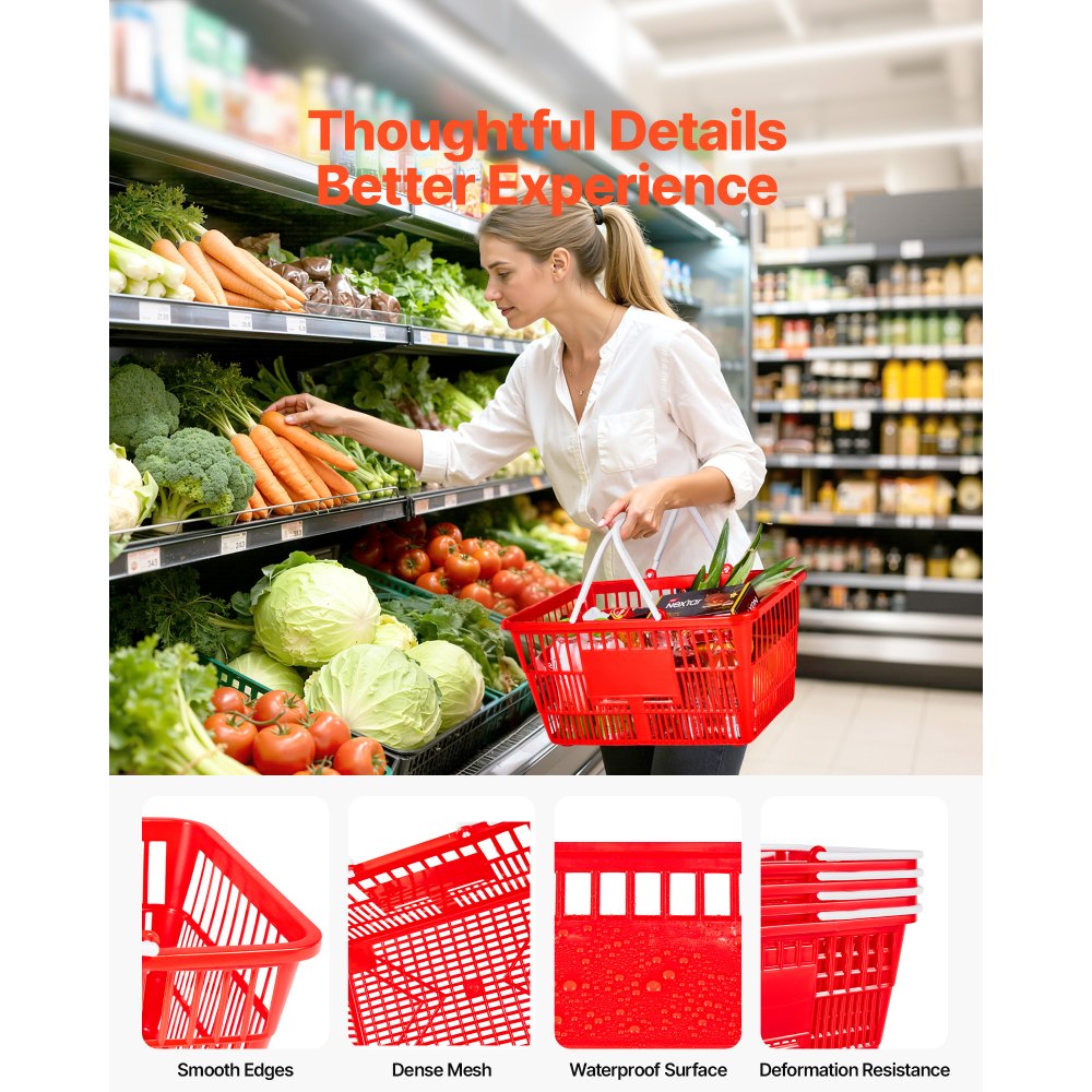 VEVOR Shopping Baskets, 12 PCS, 21L Stackable PE Plastic Grocery Baskets with Handles, Dense Mesh Structure, Holds up to 9.07kg, Portable for Grocery, Retail, Stores, Supermarket, Home Use, Red