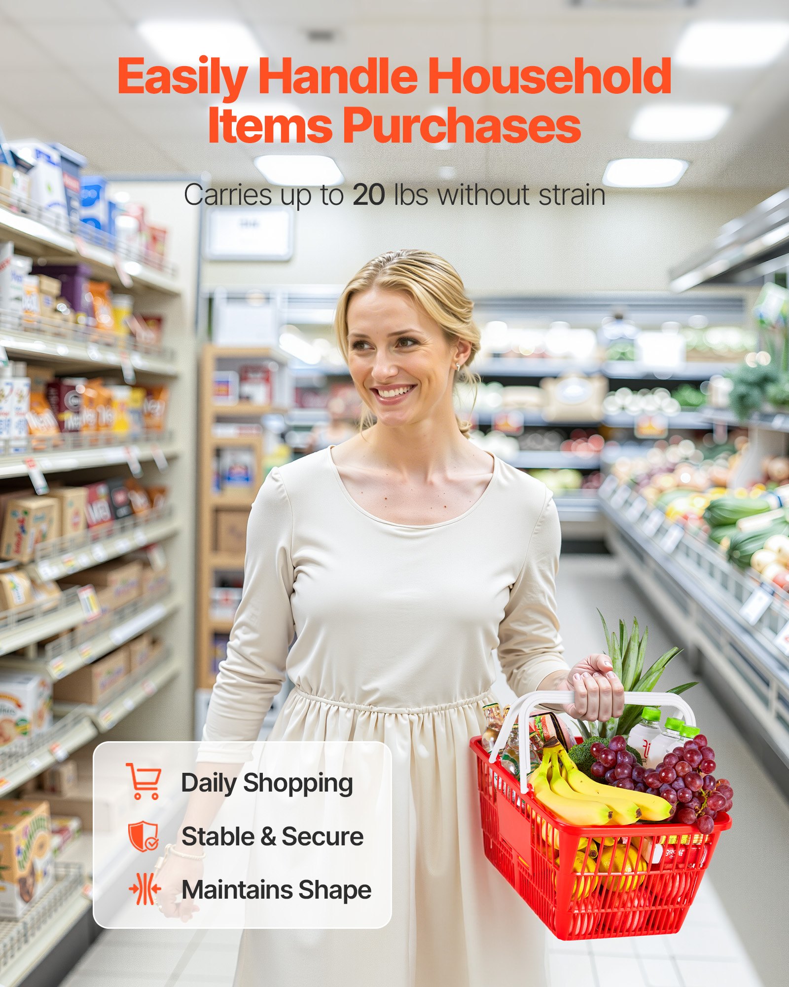 VEVOR Shopping Baskets, 12 PCS, 21L Stackable PE Plastic Grocery Baskets with Handles, Dense Mesh Structure, Holds up to 9.07kg, Portable for Grocery, Retail, Stores, Supermarket, Home Use, Red