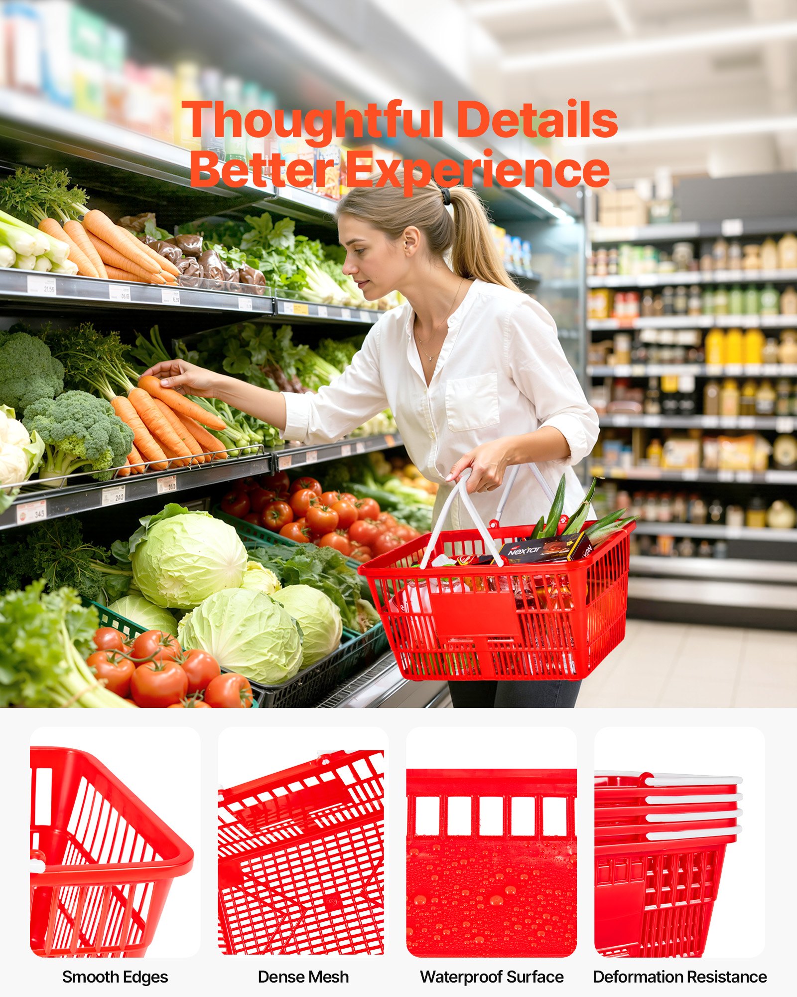 VEVOR Shopping Baskets, 12 PCS, 21L Stackable PE Plastic Grocery Baskets with Handles, Dense Mesh Structure, Holds up to 9.07kg, Portable for Grocery, Retail, Stores, Supermarket, Home Use, Red