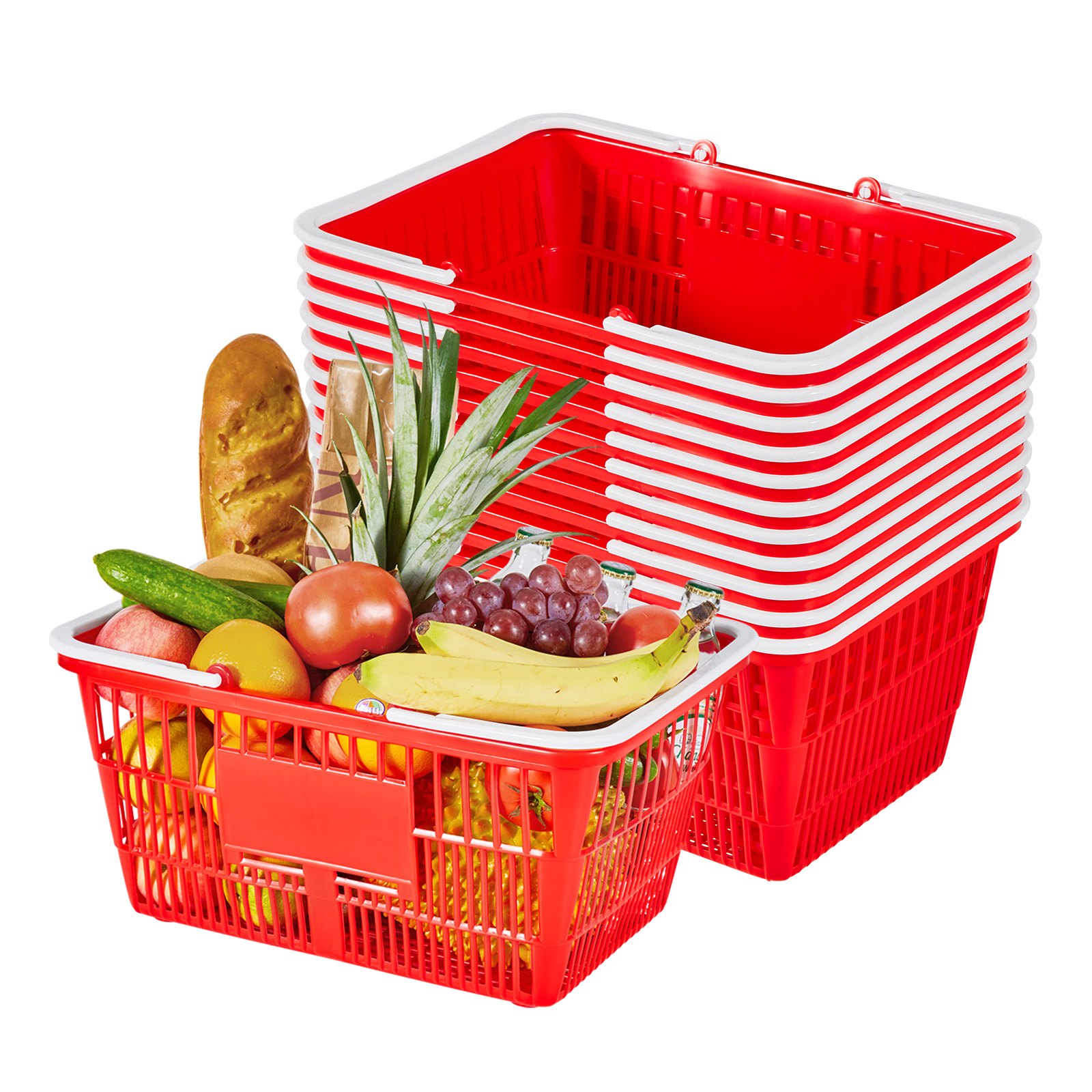 VEVOR Shopping Baskets, 12 PCS, 21L Stackable PE Plastic Grocery Baskets with Handles, Dense Mesh Structure, Holds up to 9.07kg, Portable for Grocery, Retail, Stores, Supermarket, Home Use, Red