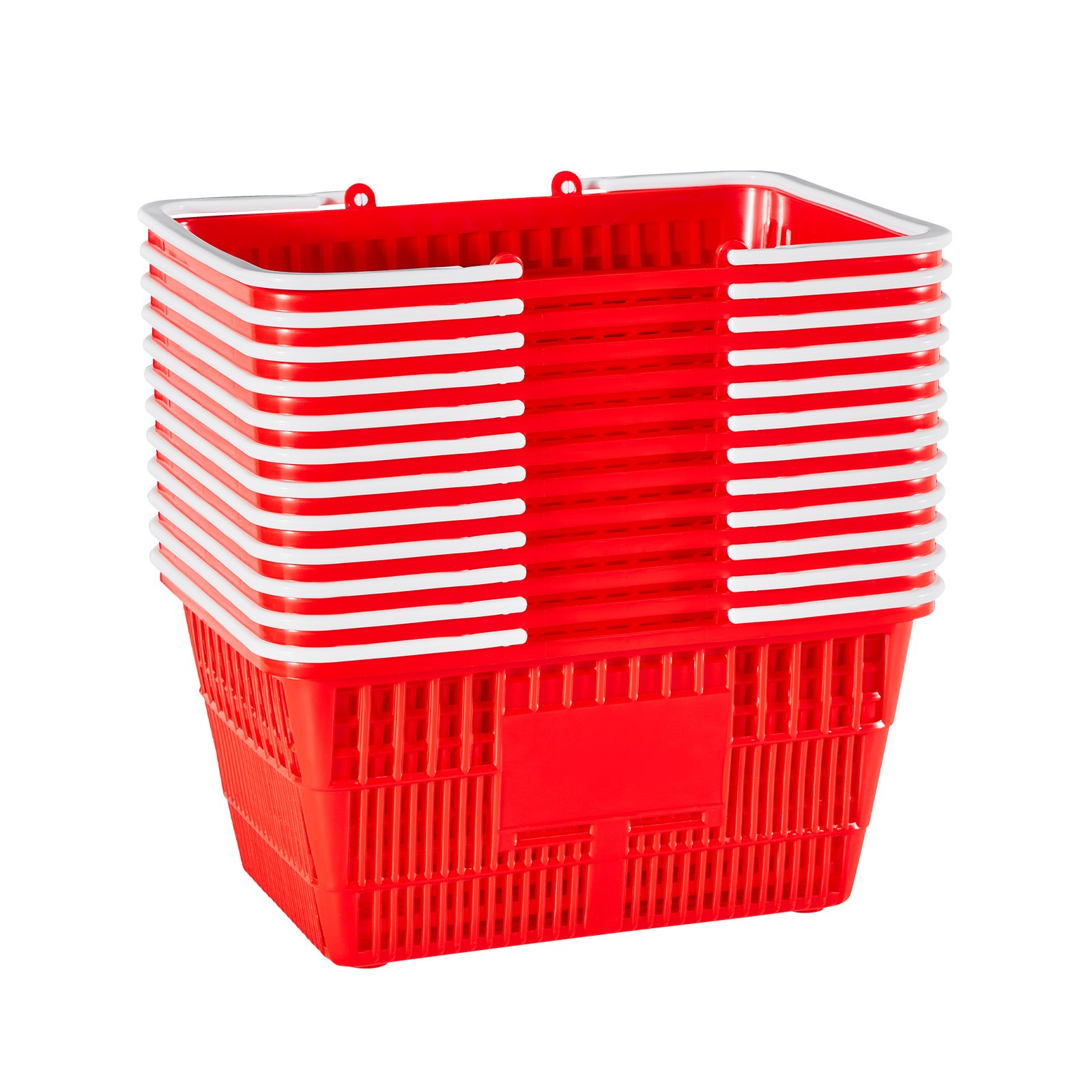 VEVOR Shopping Baskets, 12 PCS, 21L Stackable PE Plastic Grocery Baskets with Handles, Dense Mesh Structure, Holds up to 9.07kg, Portable for Grocery, Retail, Stores, Supermarket, Home Use, Red