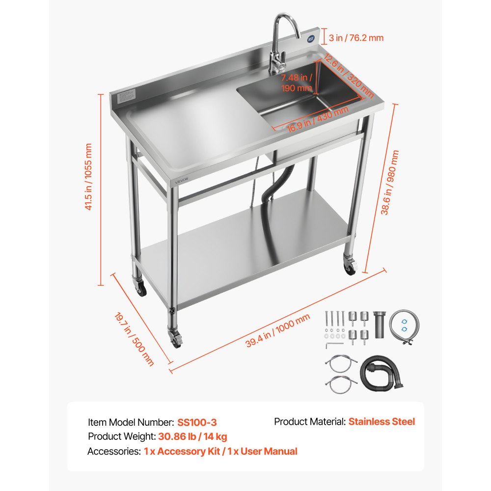 VEVOR Spültisch Spülbecken Edelstahl (1000 x 500 x 1055 mm), Einzelbecken mit Wasserhahn & Rädern, Küchenspüle für Garage Restaurant Wäscherei, Waschtisch Außenspüle mit Arbeitsplatte (links)