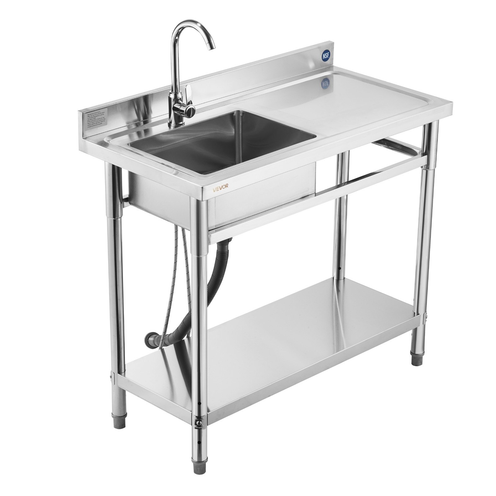 VEVOR Spültisch Spülbecken Edelstahl (100 x 50 x 94 cm), Einzelbecken mit Wasserhahn & Ablage, Küchenspüle für Garage Restaurant Wäscherei, Waschtisch Außenspüle mit Arbeitsplatte (recht)