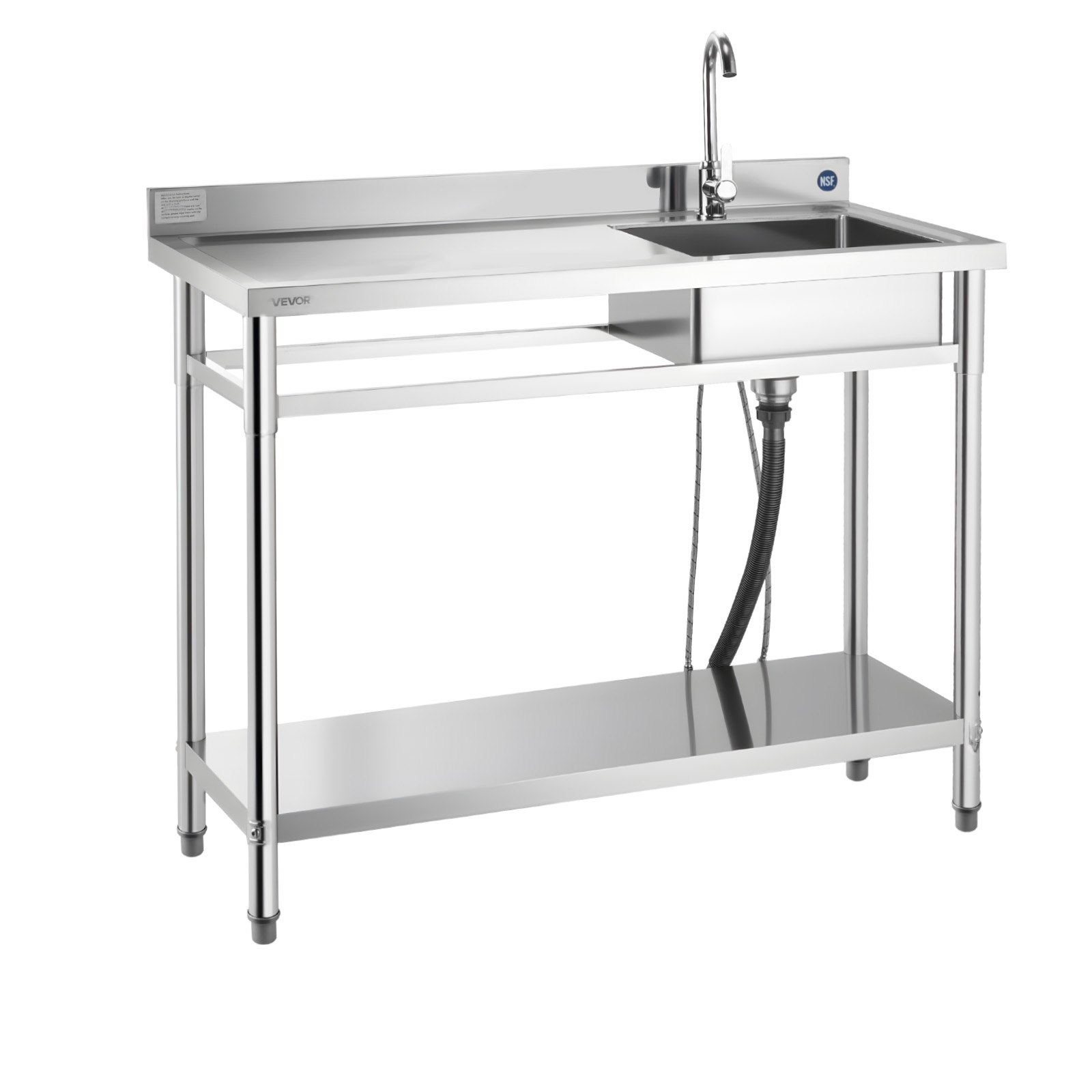 VEVOR Spültisch Spülbecken Edelstahl (120 x 50 x 94 cm), Einzelbecken mit Wasserhahn & Ablage, Küchenspüle für Garage Restaurant Wäscherei, Waschtisch Außenspüle mit Arbeitsplatte (links)