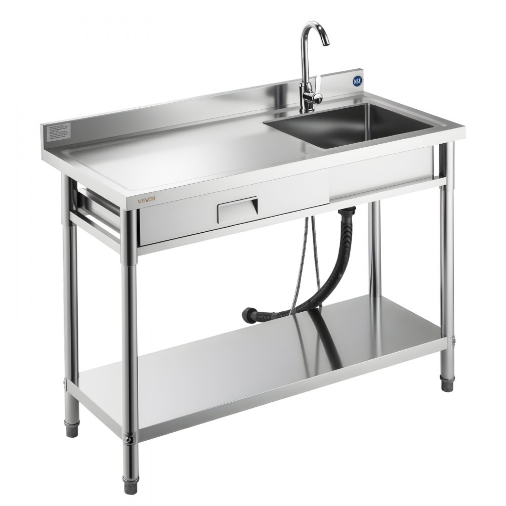 VEVOR Spültisch Spülbecken Edelstahl (120 x 50 x 94 cm), Einzelbecken mit Wasserhahn & Schublade, Küchenspüle für Garage Restaurant Wäscherei, Waschtisch Außenspüle mit Arbeitsplatte (links)