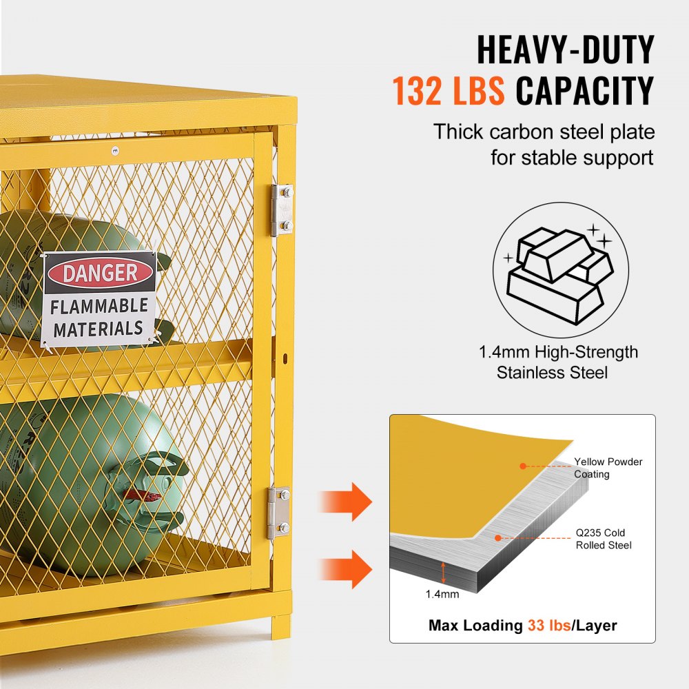 VEVOR Horizontaler Flaschenlagerschrank, 4 x 33 lbs Flaschenkapazität, 31,02 x 30,04 x 35 Zoll Propan-Lagerkäfig, Gasflaschenschrank, gelbe Pulverbeschichtung, für Freon, Gase, Sauerstoff, Stickstoff