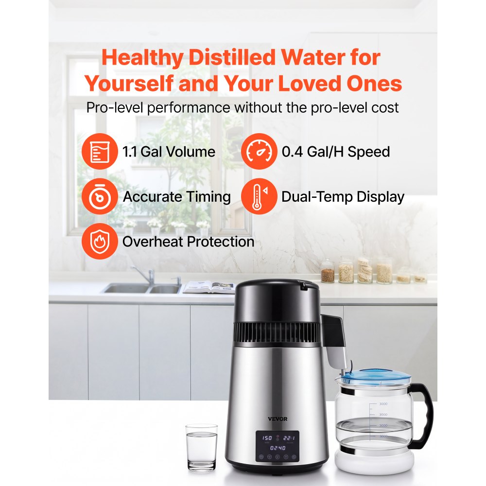 VEVOR Wasser Destilliergerät mit Temperaturregelung, 4 L Destillierer Edelstahl 1750W Wasserdestilliergerät Reine Wasser Distiller mit Glaskanne, 1,5 L/Std. Destillationsapparatur Water Distiller