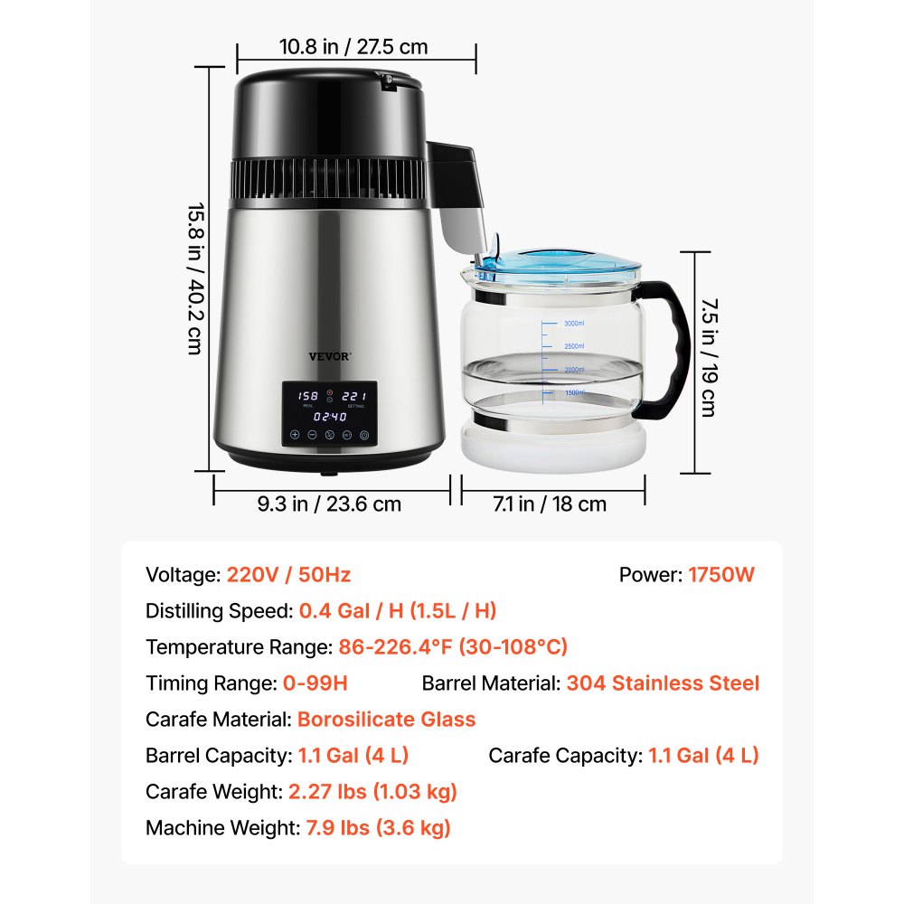 VEVOR Wasser Destilliergerät mit Temperaturregelung, 4 L Destillierer Edelstahl 1750W Wasserdestilliergerät Reine Wasser Distiller mit Glaskanne, 1,5 L/Std. Destillationsapparatur Water Distiller