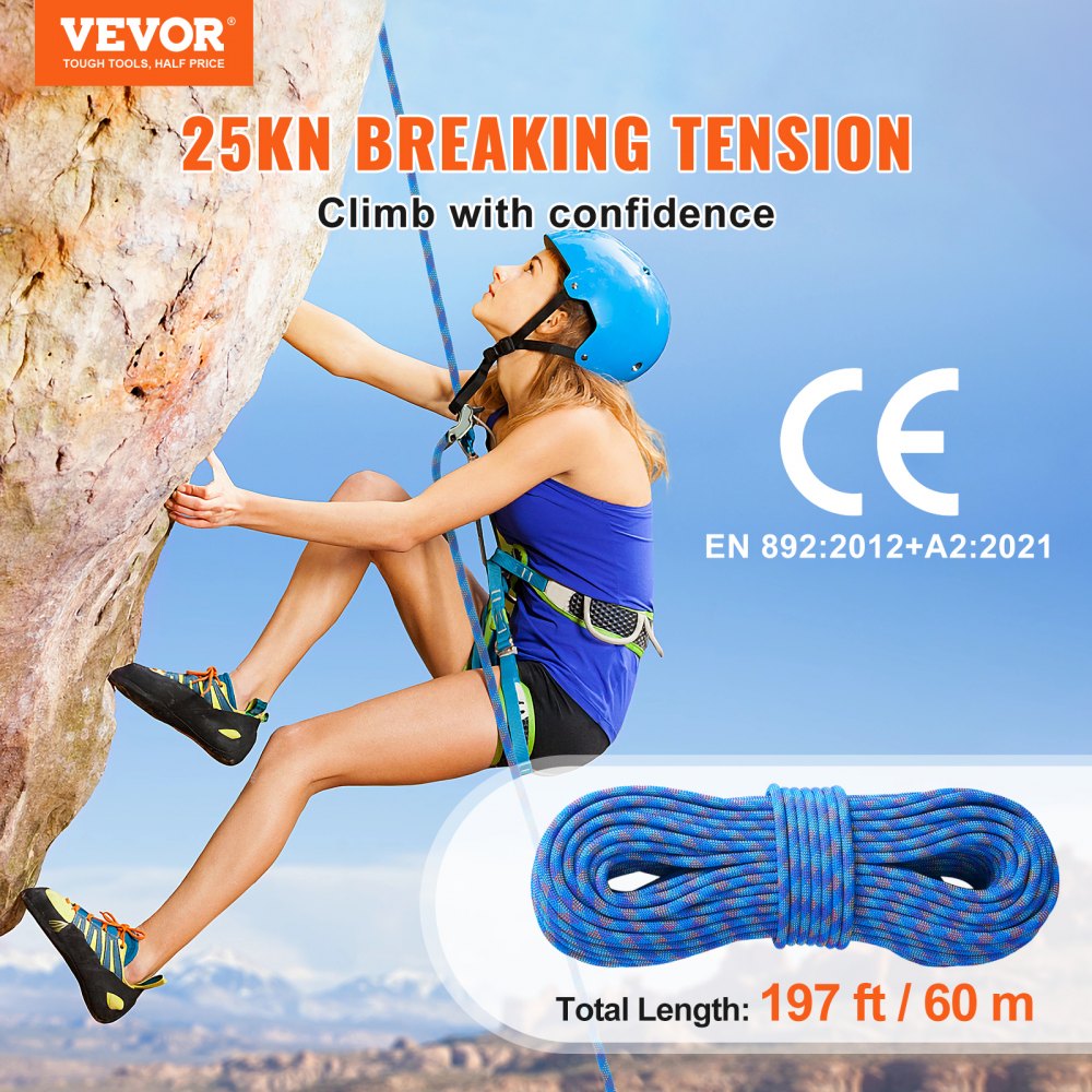 VEVOR 10,2 mm dynamisches Kletterseil, 60 m (197 Fuß) Outdoor-Kletterseil, 25 kN Bruchspannung, dehnbares Faserseil mit Stahlkarabinerhaken für Flucht, Abseilen, Brandrettung, Blau