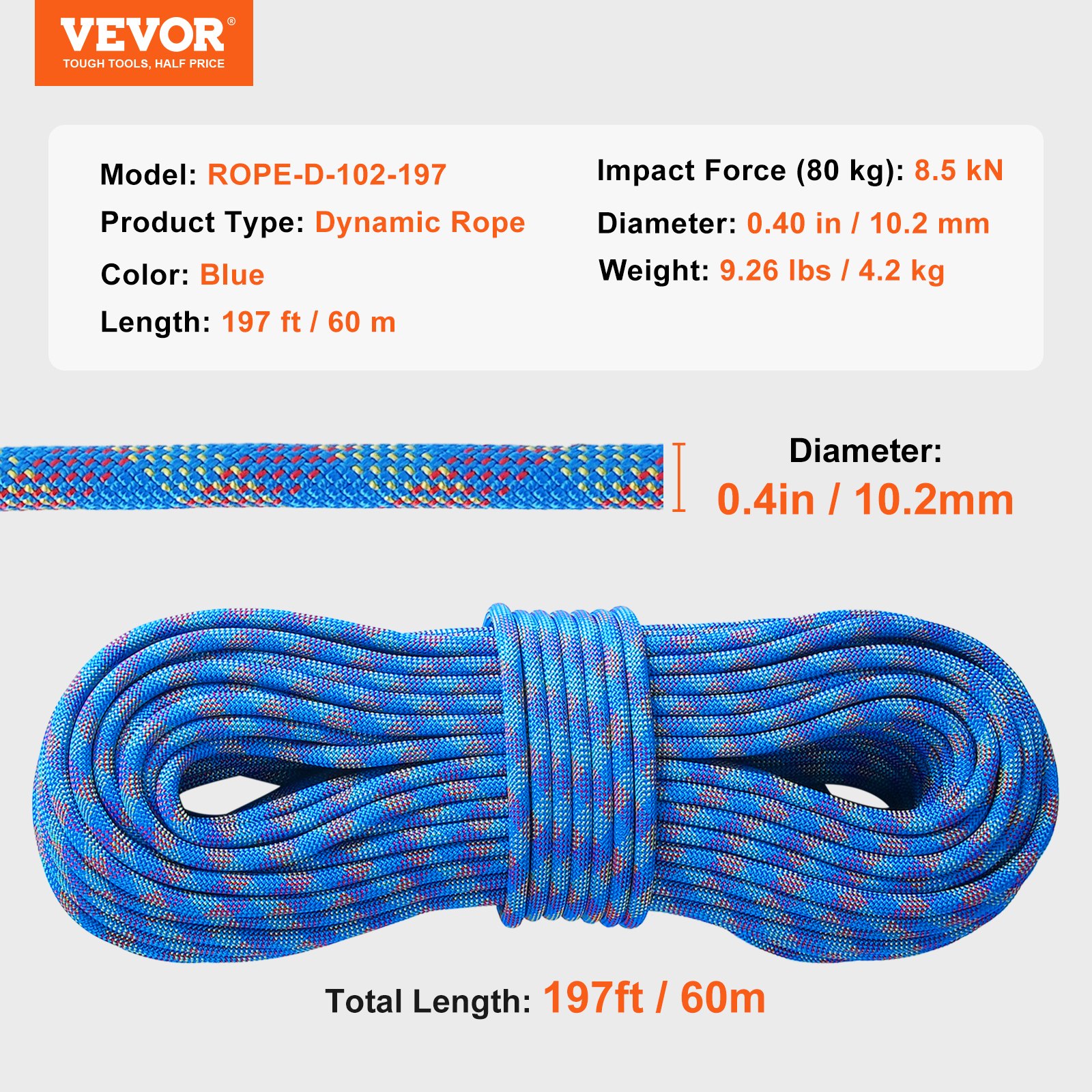 VEVOR 10,2 mm dynamisches Kletterseil, 60 m (197 Fuß) Outdoor-Kletterseil, 25 kN Bruchspannung, dehnbares Faserseil mit Stahlkarabinerhaken für Flucht, Abseilen, Brandrettung, Blau