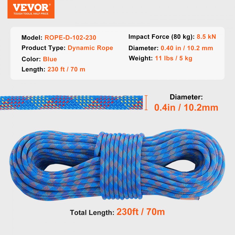 VEVOR 10,2 mm dynamisches Kletterseil, 70 m (230 Fuß) Outdoor-Kletterseil, 25 kN Bruchspannung, dehnbares Faserseil mit Stahlkarabinerhaken für Flucht, Abseilen, Brandrettung, Blau