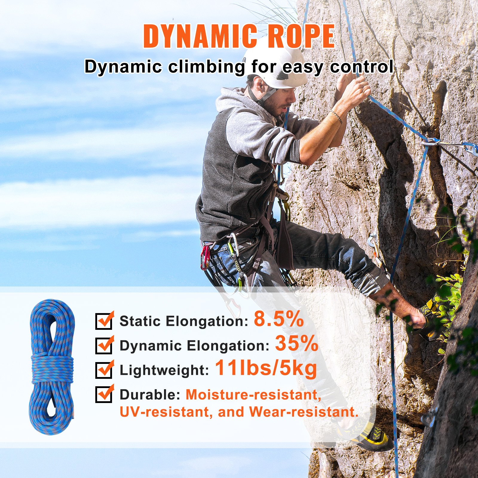 VEVOR 10,2 mm dynamisches Kletterseil, 70 m (230 Fuß) Outdoor-Kletterseil, 25 kN Bruchspannung, dehnbares Faserseil mit Stahlkarabinerhaken für Flucht, Abseilen, Brandrettung, Blau