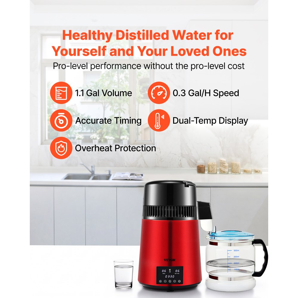 VEVOR Wasser Destillierer 1L/Std. 750 W Wasserdestilliergerät Destilliertes Wasser Edelstahl Distilleranlage, Rot Wasserdestillierapparat Borosilikatglas-Kanne Reinwasser Destillieren für Haushalt