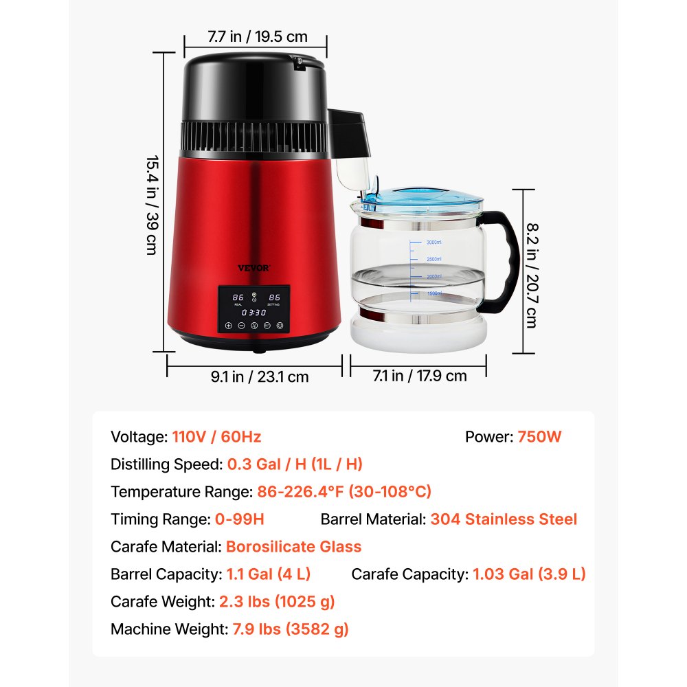 VEVOR Wasser Destillierer 1L/Std. 750 W Wasserdestilliergerät Destilliertes Wasser Edelstahl Distilleranlage, Rot Wasserdestillierapparat Borosilikatglas-Kanne Reinwasser Destillieren für Haushalt