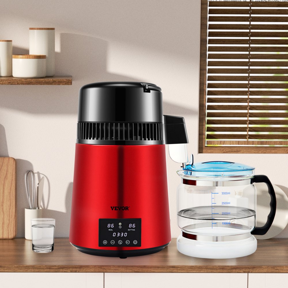 VEVOR Wasser Destillierer 1L/Std. 750 W Wasserdestilliergerät Destilliertes Wasser Edelstahl Distilleranlage, Rot Wasserdestillierapparat Borosilikatglas-Kanne Reinwasser Destillieren für Haushalt