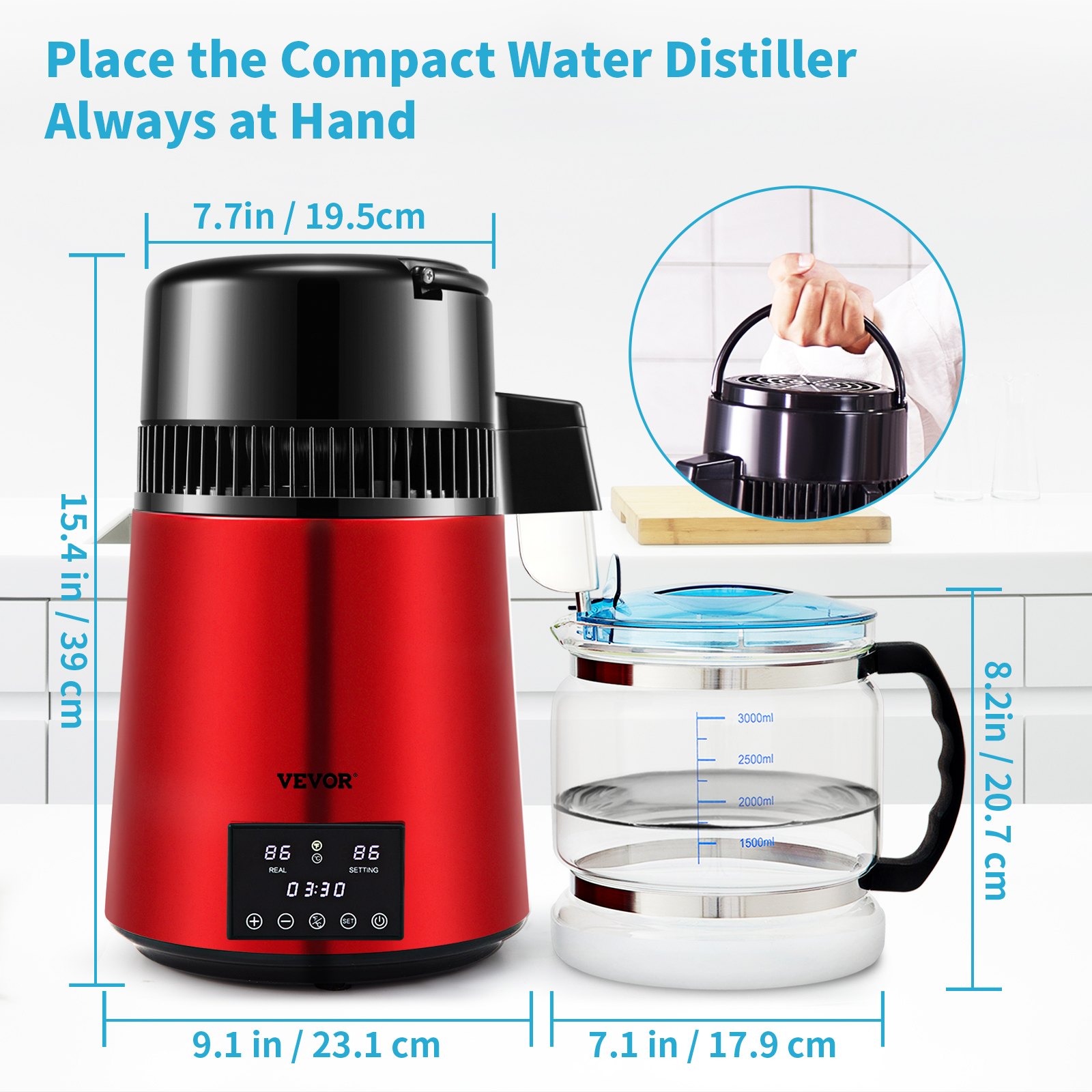 VEVOR Water Distiller 1L/hr, 750W Water Distiller, Distilled Water, Stainless Steel Distiller System, Red, Borosilicate Glass Jug, Pure Water Distillation for Household Use