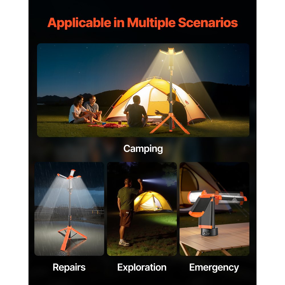 VEVOR Baustrahler LED mit Stativ, Arbeitsleuchte, 13,2 Ah, wiederaufladbares Campinglicht, mit 3 Lampenköpfen, abnehmbarem Stativständer, 2200 LM 3000 K-6500 K dimmbar, Beleuchtung für Baustelle