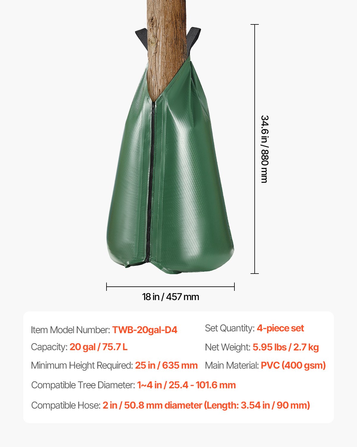 VEVOR Tree Watering Bags, 4-pack of 75.7 L Tree Watering Bags, 5-9 Hour Slow Release, Refillable Zippered Tree Drip Irrigation Bags, Tree Watering System