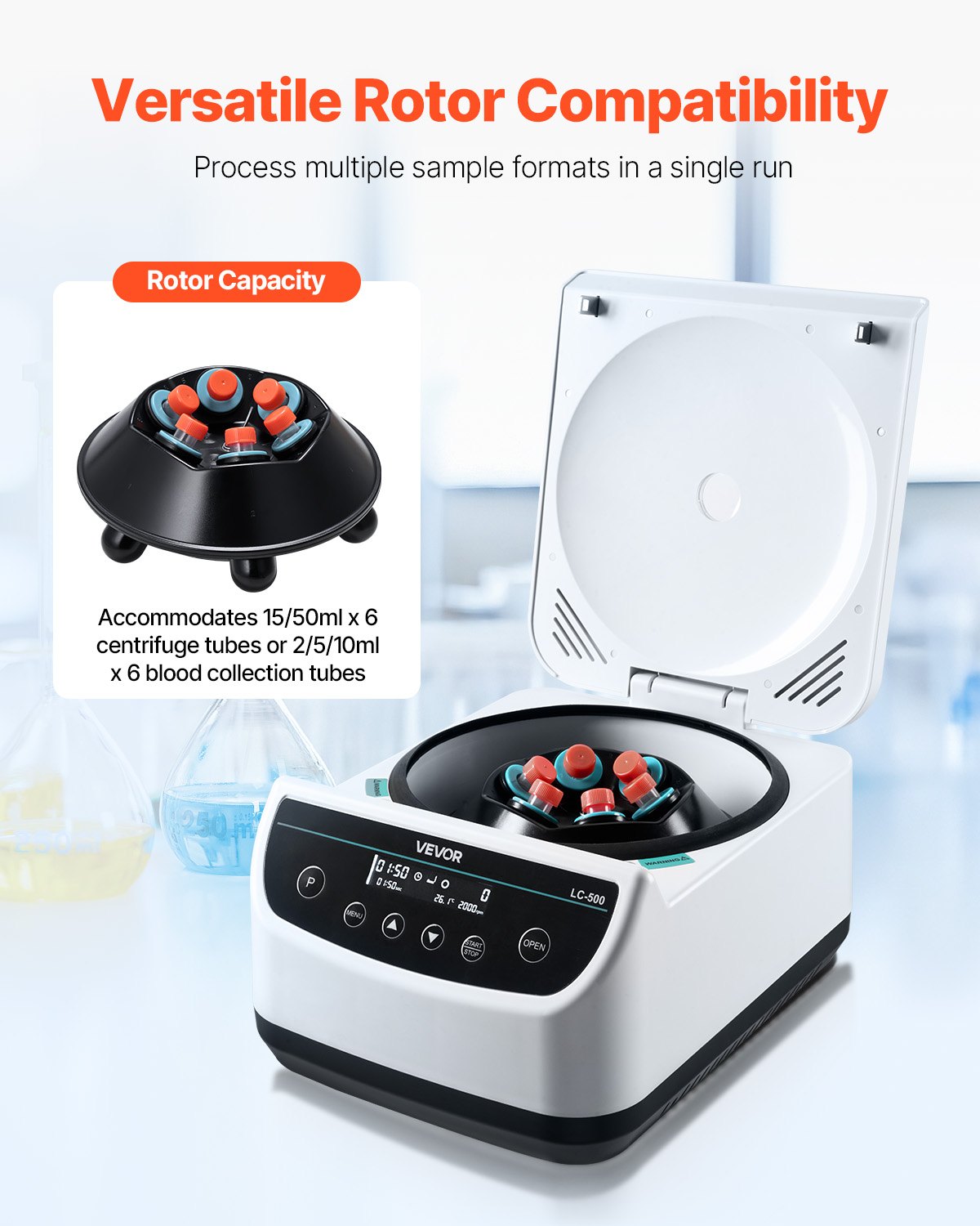 VEVOR Centrifuge Machine 100-2100 xg RCF Electric Laboratory Centrifuge Machine with 1 Rotor for 2/5/10/15/50 ml Tube Capacity, Adjustable 500-4000 rpm, Low Noise for Laboratory Experiments
