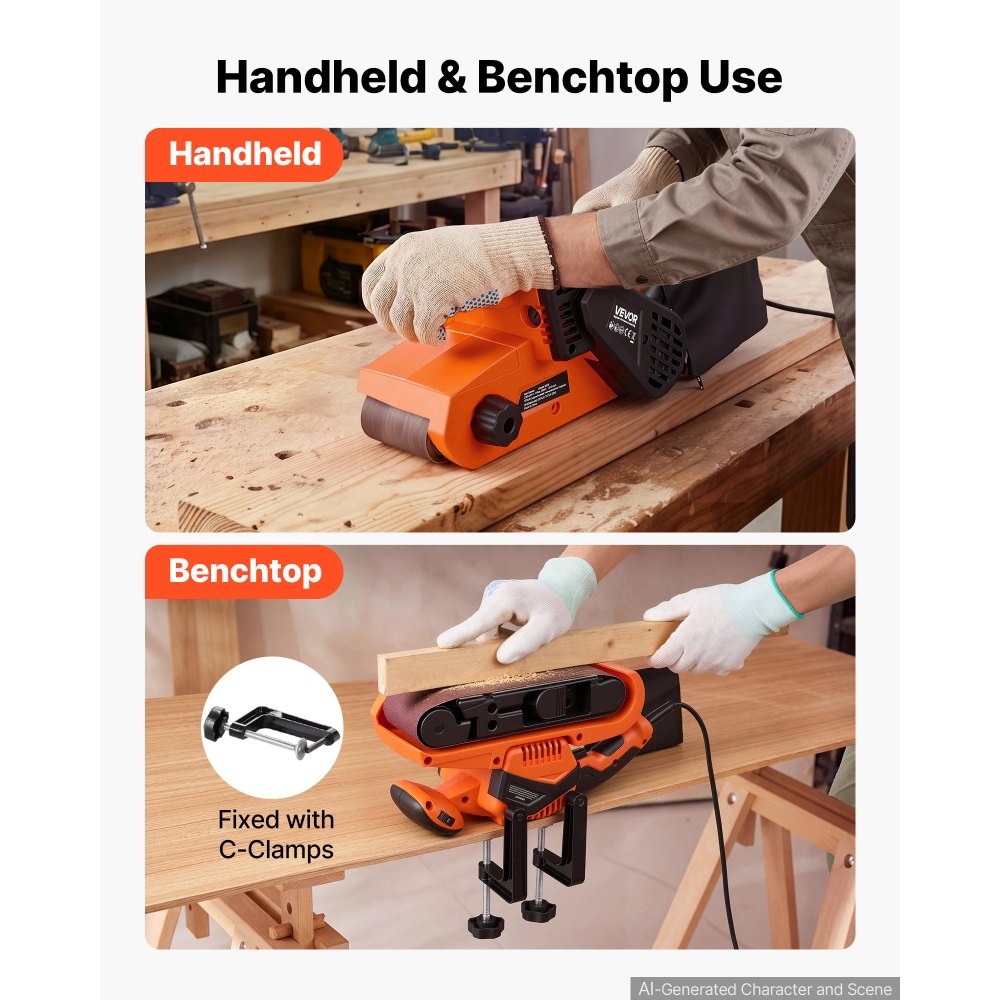 VEVOR 750W Bandschleifer Elektrischer Holzschleifer 7,6x53,3cm Bandgröße, 3,2-6,2m/s Drehzahlregelung, 10 Schleifbänder, 2 Staubbeutel, 3m Netzkabel, Staubsaugeradapter, 2-in-1 Hand- & Tischgerät