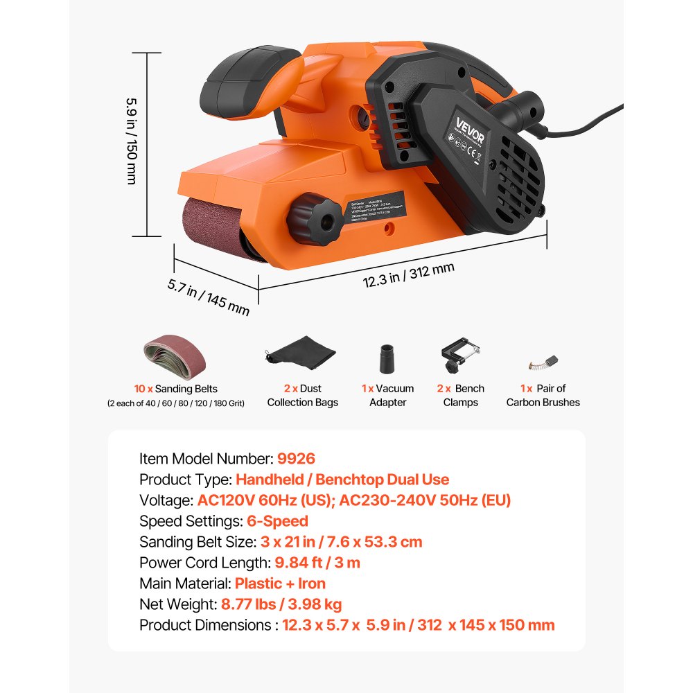 VEVOR 750W Bandschleifer Elektrischer Holzschleifer 7,6x53,3cm Bandgröße, 3,2-6,2m/s Drehzahlregelung, 10 Schleifbänder, 2 Staubbeutel, 3m Netzkabel, Staubsaugeradapter, 2-in-1 Hand- & Tischgerät