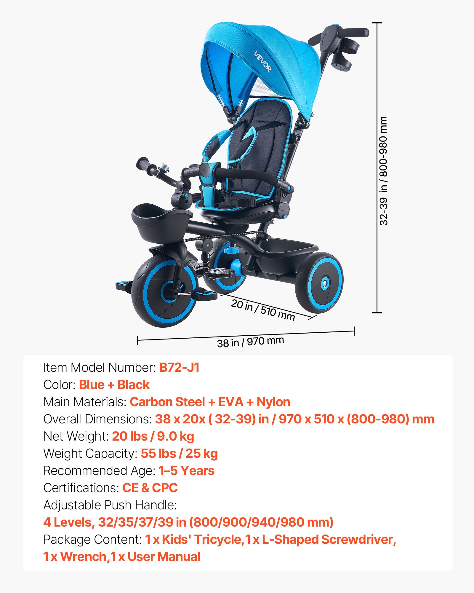 VEVOR Dreirad für Kinder von 1 bis 5 Jahren, Laufrad mit Schubstange, Klappbarem Verdeck, Verstellbarem Sitz und Aufbewahrungskorb, Kinderdreirad als Geschenk für Jungen und Mädchen, Blau+Schwarz